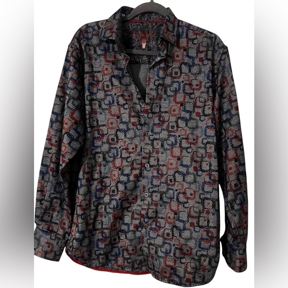 Luchiano Visconti Black Shirt Square Abstract Woven Button-Down Shirt